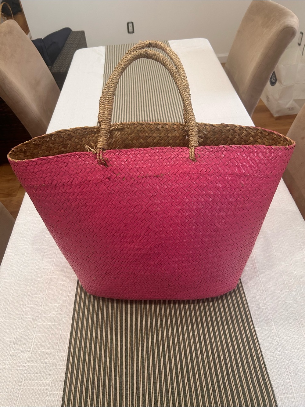 Bright Pink Woven Tote with Natural Rope Handles